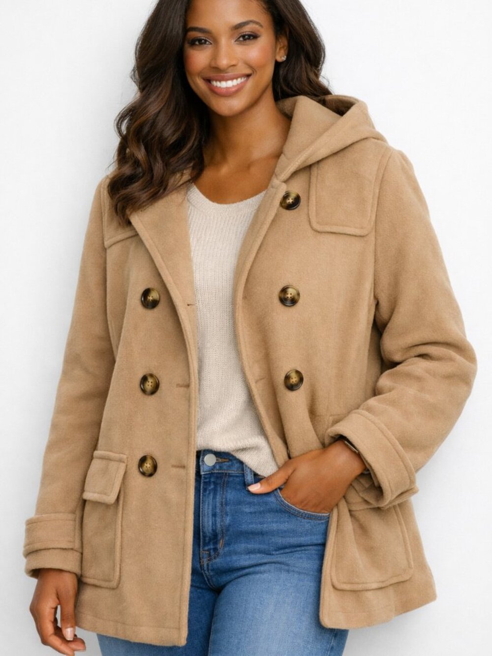 Michael Kors Camel Wool Hooded Peacoat – Double‑Breasted Classic Neutral Size 12